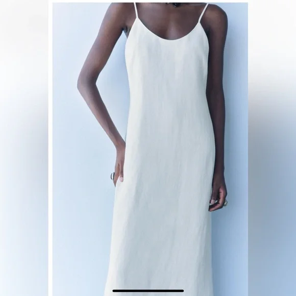 Zara White Linen Blend A-Line Midi Dress Round neckline strap ZW Cotton S NWT - Picture 2 of 16